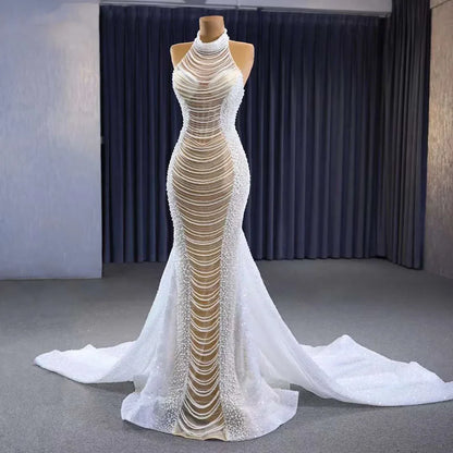 Serene Hill White champagne Mermaid Lace Up Luxury Pearls Beaded Bride Gowns Wedding Dress 2025 High End Custom Made HM231033 - SERENE HILL