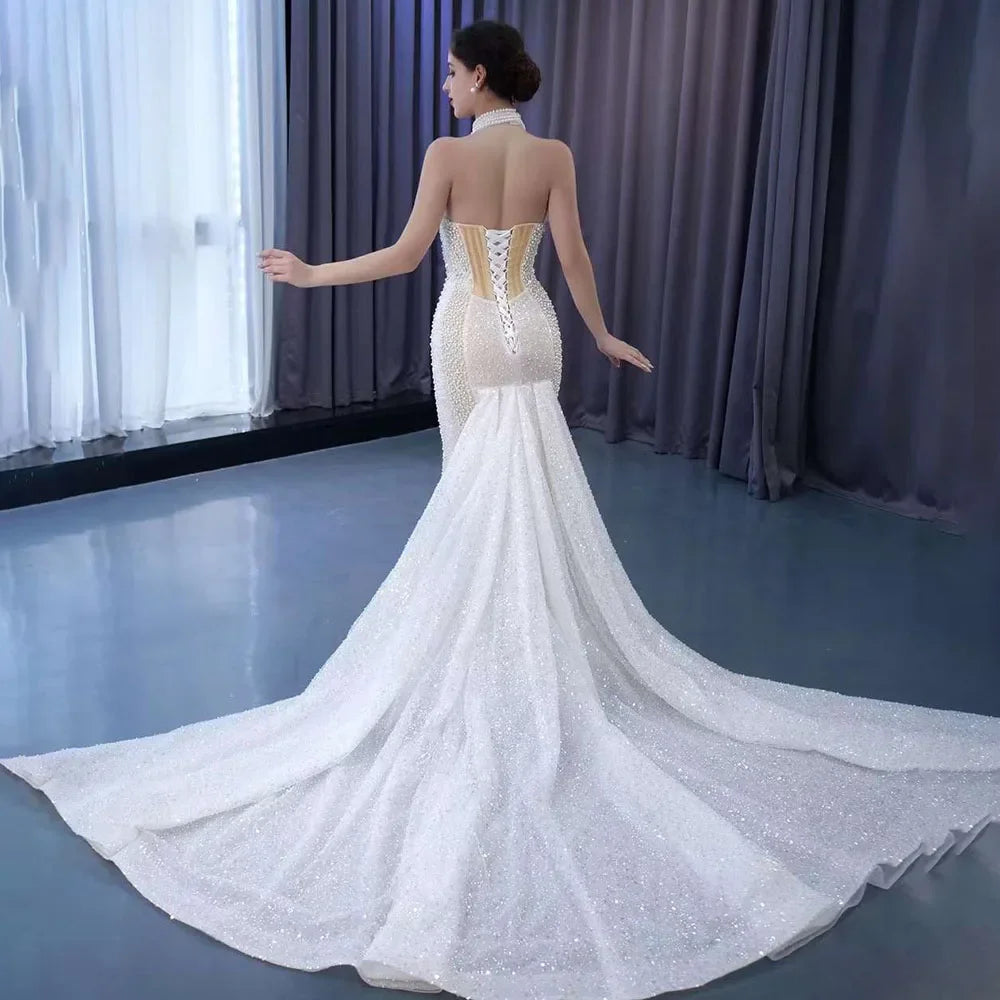 Serene Hill White champagne Mermaid Lace Up Luxury Pearls Beaded Bride Gowns Wedding Dress 2025 High End Custom Made HM231033 - SERENE HILL