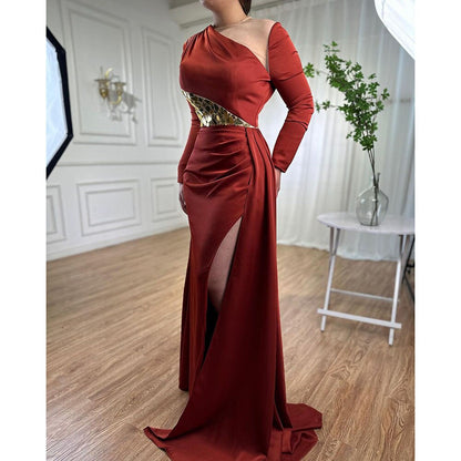 Serene Hill Wine Red Mermaid High Split Satin Evening Dresses Gowns 2025 Elegant O Neck For Women Party LA71285A - SERENE HILL