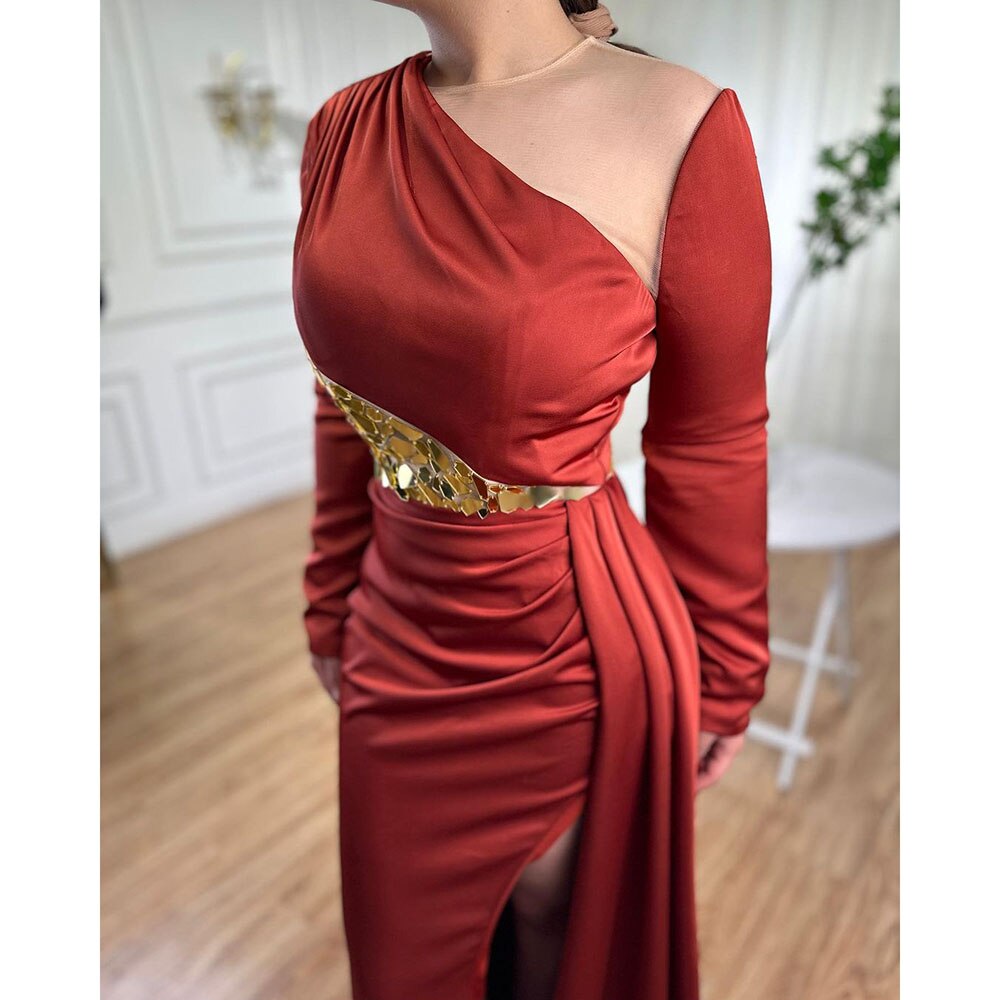Serene Hill Wine Red Mermaid High Split Satin Evening Dresses Gowns 2025 Elegant O Neck For Women Party LA71285A - SERENE HILL