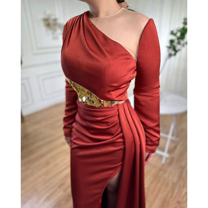 Serene Hill Wine Red Mermaid High Split Satin Evening Dresses Gowns 2025 Elegant O Neck For Women Party LA71285A - SERENE HILL