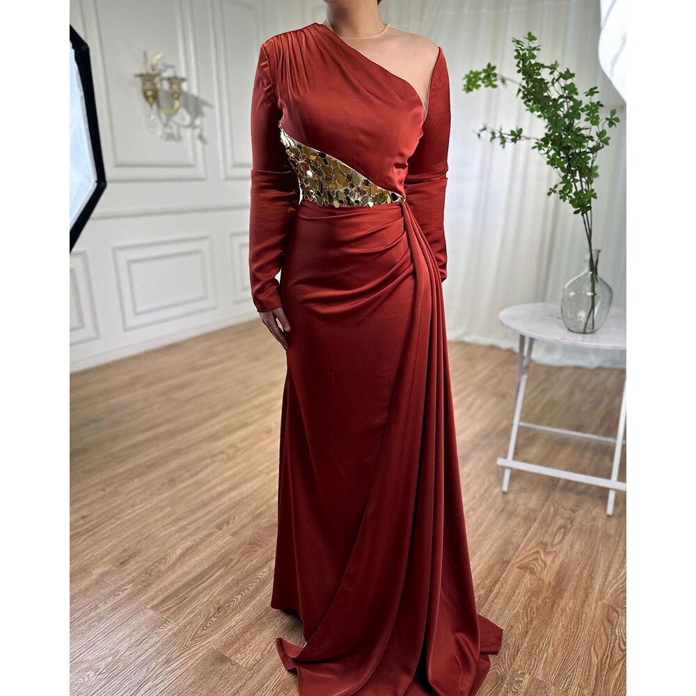 Serene Hill Wine Red Mermaid High Split Satin Evening Dresses Gowns 2025 Elegant O Neck For Women Party LA71285A - SERENE HILL