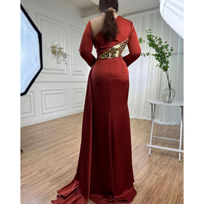 Serene Hill Wine Red Mermaid High Split Satin Evening Dresses Gowns 2025 Elegant O Neck For Women Party LA71285A - SERENE HILL