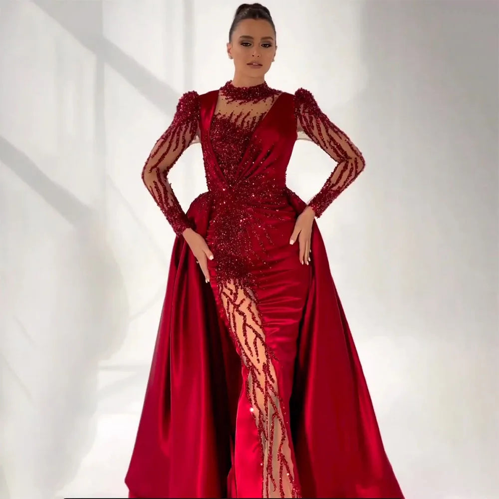 Serene Hill Wine Red Mermaid Luxury Lace Beaded Satin Evening Dresses Dubai Formal Gowns 2025 For Woman Wedding Party LA72202 - SERENE HILL