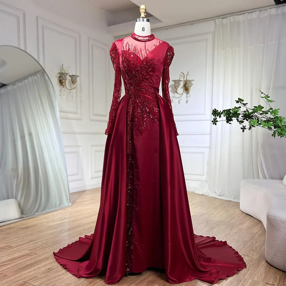 Serene Hill Wine Red Mermaid Luxury Lace Beaded Satin Evening Dresses Dubai Formal Gowns 2025 For Woman Wedding Party LA72202 - SERENE HILL