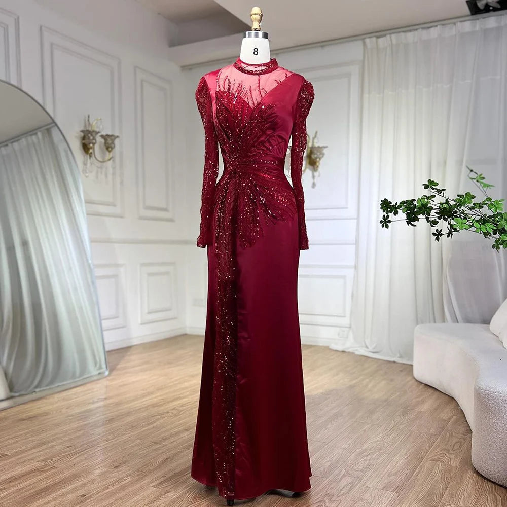 Serene Hill Wine Red Mermaid Luxury Lace Beaded Satin Evening Dresses Dubai Formal Gowns 2025 For Woman Wedding Party LA72202 - SERENE HILL