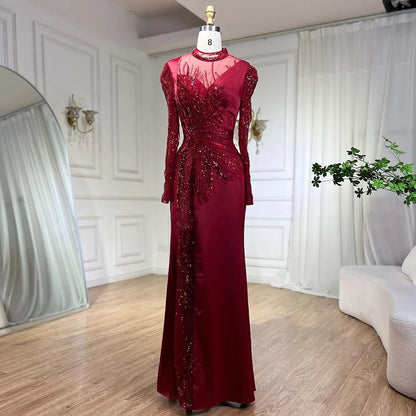 Serene Hill Wine Red Mermaid Luxury Lace Beaded Satin Evening Dresses Dubai Formal Gowns 2025 For Woman Wedding Party LA72202 - SERENE HILL