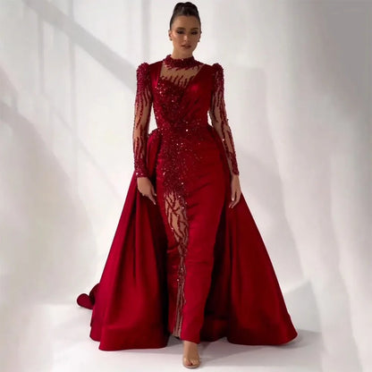 Serene Hill Wine Red Mermaid Luxury Lace Beaded Satin Evening Dresses Dubai Formal Gowns 2025 For Woman Wedding Party LA72202 - SERENE HILL