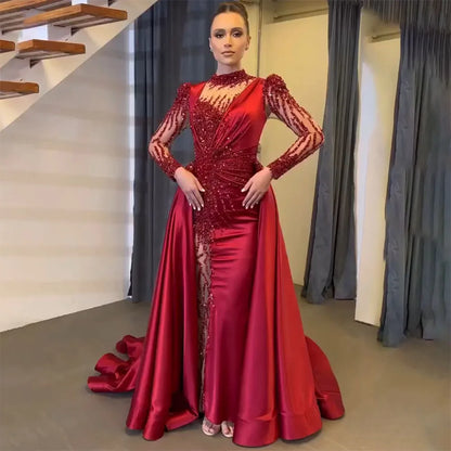 Serene Hill Wine Red Mermaid Luxury Lace Beaded Satin Evening Dresses Dubai Formal Gowns 2025 For Woman Wedding Party LA72202 - SERENE HILL
