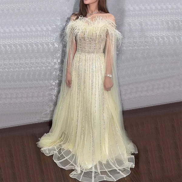 Serene Hill Yellow A Line Cape Sleeves Beaded Feathers Arabic Long Evening Dresses Gowns For Women Wedding Party 2025 LA72190