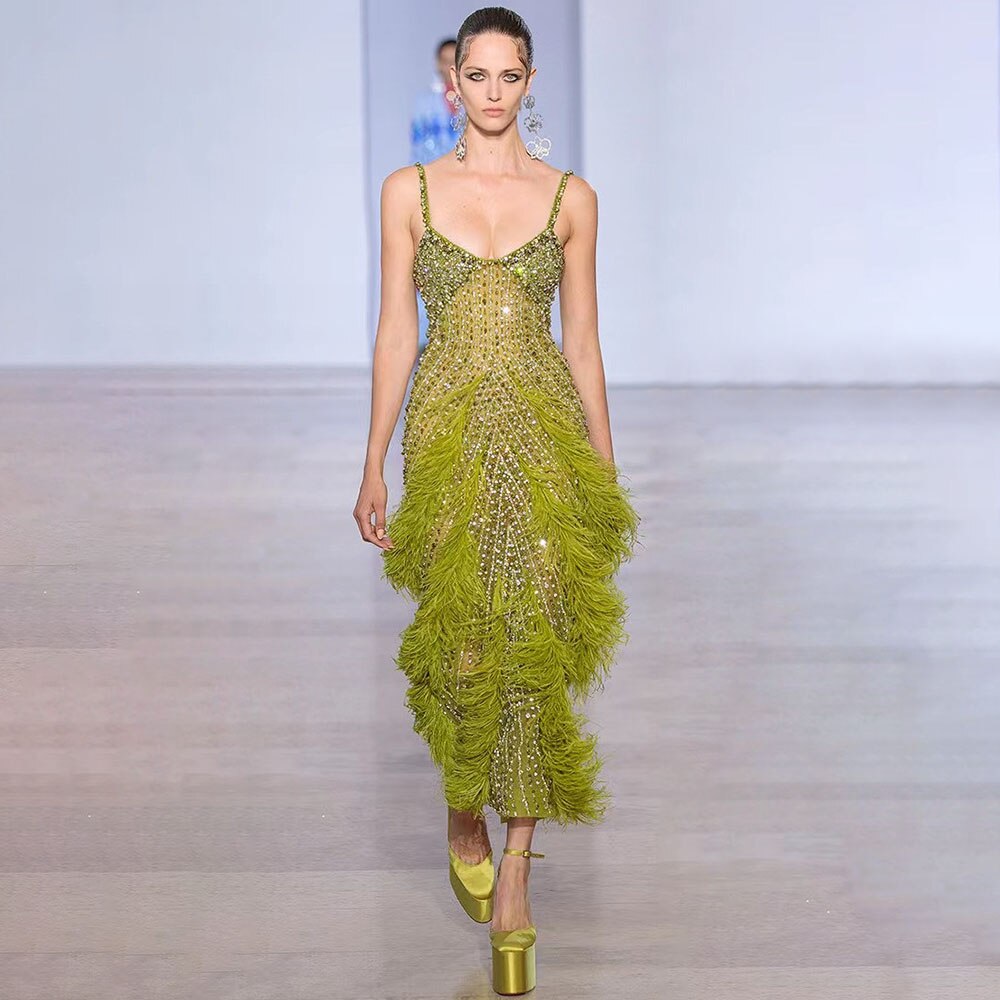 On Sale no return no refund Serene Hill Yellow Green Feathers Mermaid Sundress Evening Gowns Beaded Ankle Length Party Drsses 2025 For Women LA72055 - SERENE HILL