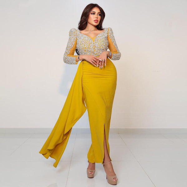 Serene Hill Yellow Long Sleeves Mermaid Evening Dresses with Skirt Beaded Dubai Mid Length Party Gowns 2025 For Woman LA72079