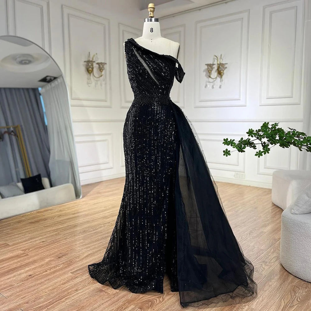 Serene Hill Yellow One Shoulder Black High Split Mermaid Beaded Evening Dresses Gowns for Women Wedding Party 2025 LA72424 - SERENE HILL