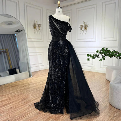 Serene Hill Yellow One Shoulder Black High Split Mermaid Beaded Evening Dresses Gowns for Women Wedding Party 2025 LA72424 - SERENE HILL