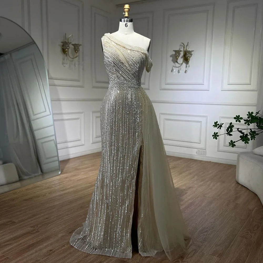 Serene Hill Yellow One Shoulder Black High Split Mermaid Beaded Evening Dresses Gowns for Women Wedding Party 2025 LA72424 - SERENE HILL