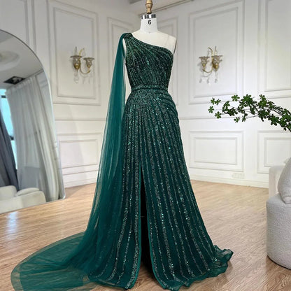 Green One Shoulder Evening Dress with Cape for Wedding Party LA71671 - SERENE HILL
