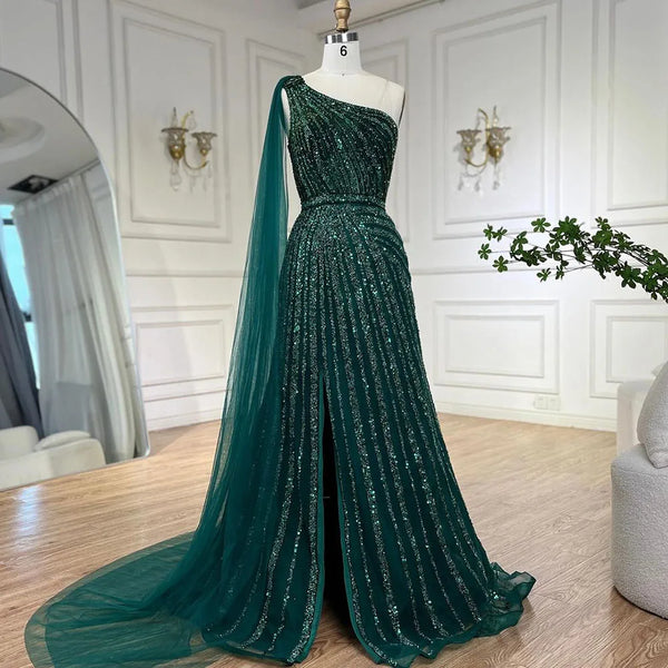 Green One Shoulder Evening Dress with Cape for Wedding Party LA71671
