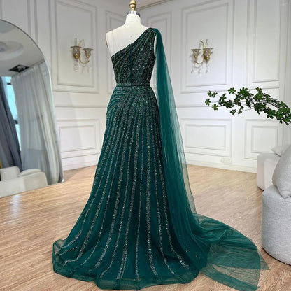 Green One Shoulder Evening Dress with Cape for Wedding Party LA71671 - SERENE HILL