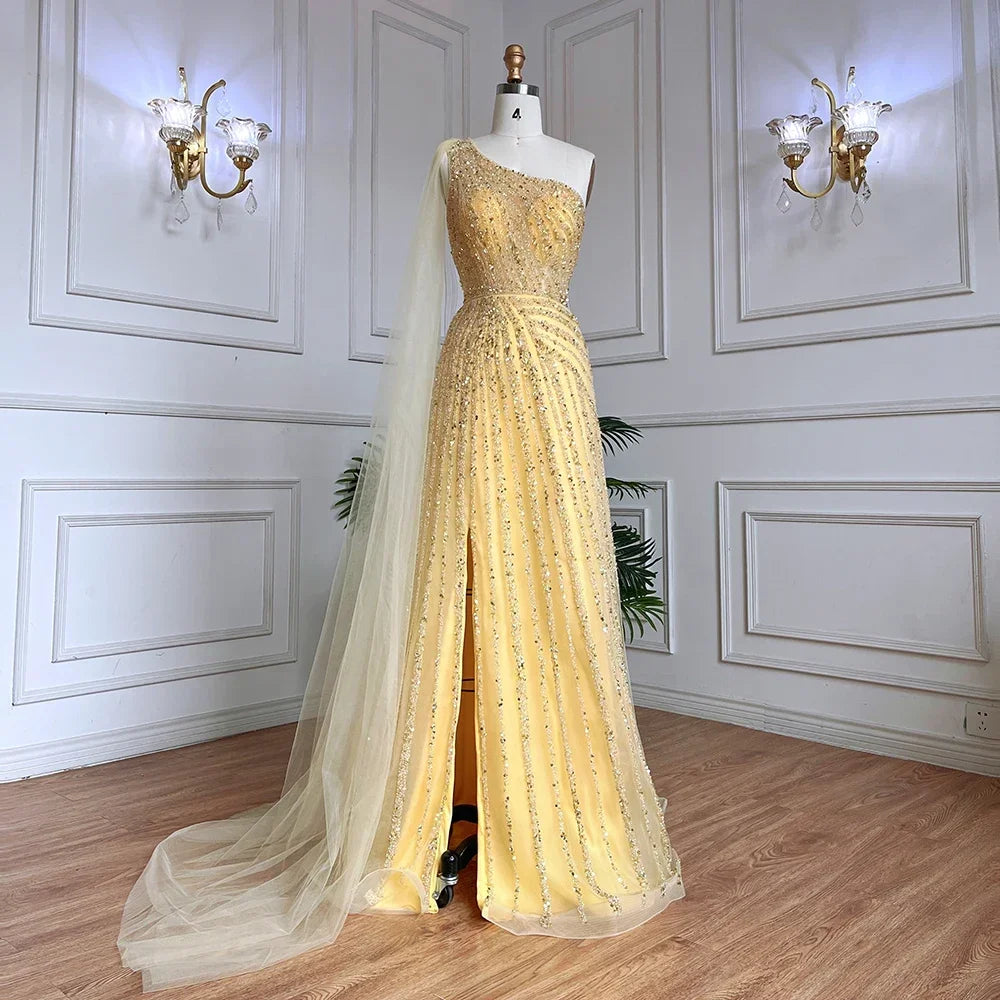 Green One Shoulder Evening Dress with Cape for Wedding Party LA71671 - SERENE HILL