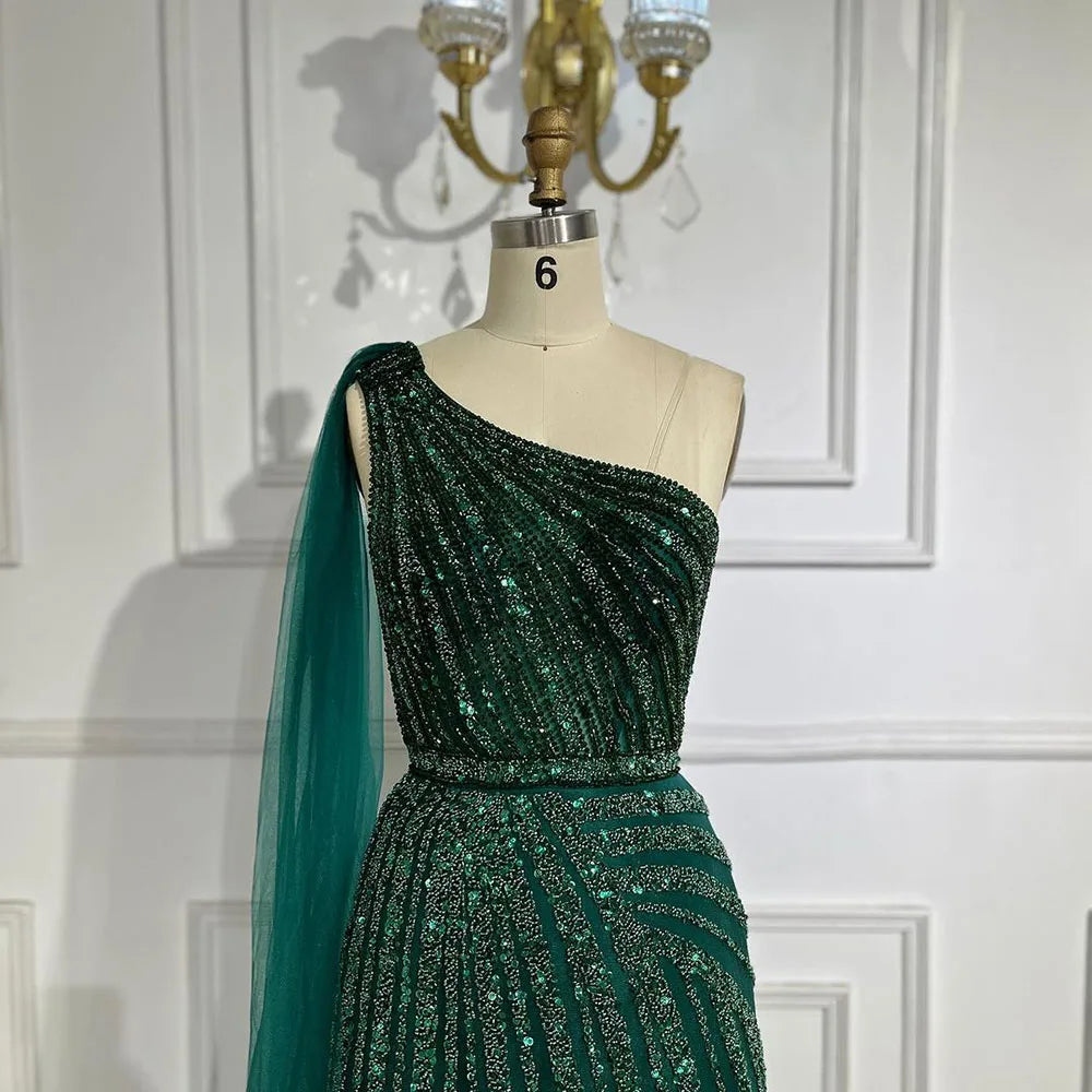 Green One Shoulder Evening Dress with Cape for Wedding Party LA71671 - SERENE HILL