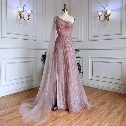 Green One Shoulder Evening Dress with Cape for Wedding Party LA71671 - SERENE HILL