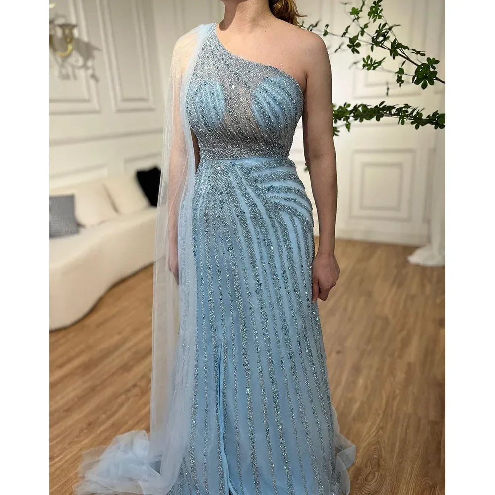 Green One Shoulder Evening Dress with Cape for Wedding Party LA71671 - SERENE HILL