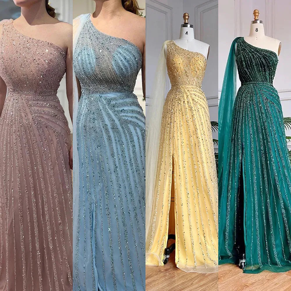 Green One Shoulder Evening Dress with Cape for Wedding Party LA71671 - SERENE HILL