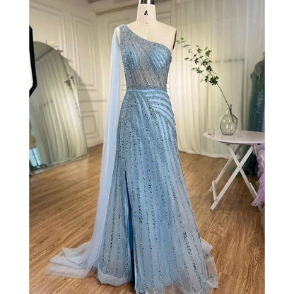 Green One Shoulder Evening Dress with Cape for Wedding Party LA71671 - SERENE HILL