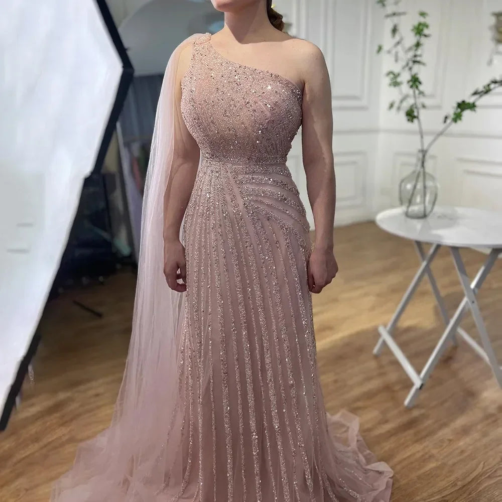 Green One Shoulder Evening Dress with Cape for Wedding Party LA71671 - SERENE HILL