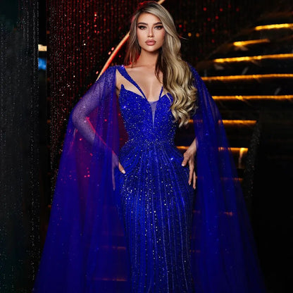 Luxury Royal Blue Mermaid Evening Dress with Cape LA72198 - SERENE HILL