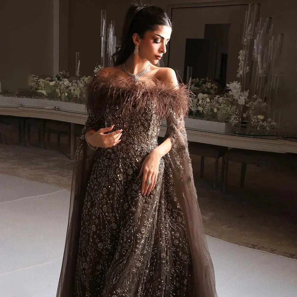 Off Shoulder Feathers Brown Evening Dress with Cape Sleeves LA72401 - SERENE HILL