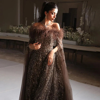 Off Shoulder Feathers Brown Evening Dress with Cape Sleeves LA72401 - SERENE HILL