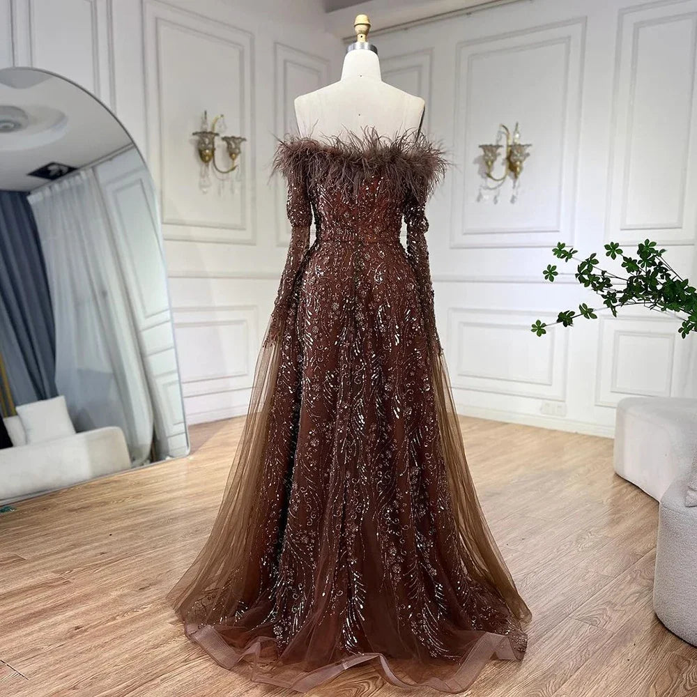 Off Shoulder Feathers Brown Evening Dress with Cape Sleeves LA72401 - SERENE HILL