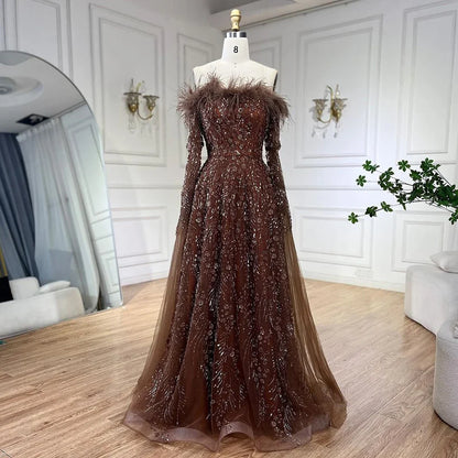 Off Shoulder Feathers Brown Evening Dress with Cape Sleeves LA72401 - SERENE HILL