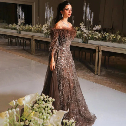 Off Shoulder Feathers Brown Evening Dress with Cape Sleeves LA72401 - SERENE HILL
