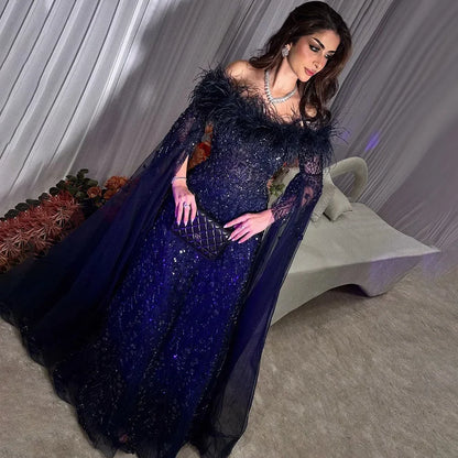 Off Shoulder Feathers Brown Evening Dress with Cape Sleeves LA72401 - SERENE HILL