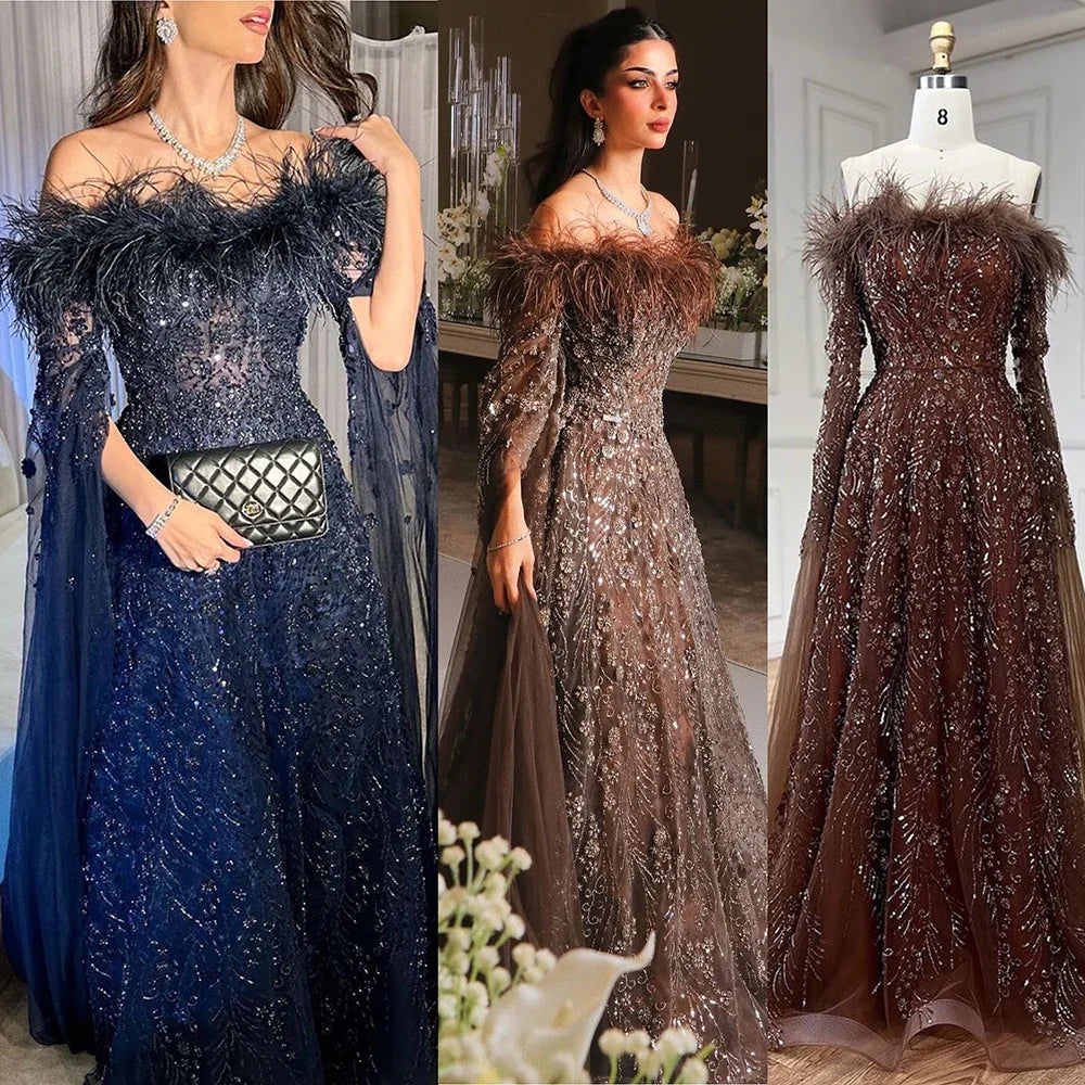 Off Shoulder Feathers Brown Evening Dress with Cape Sleeves LA72401 - SERENE HILL