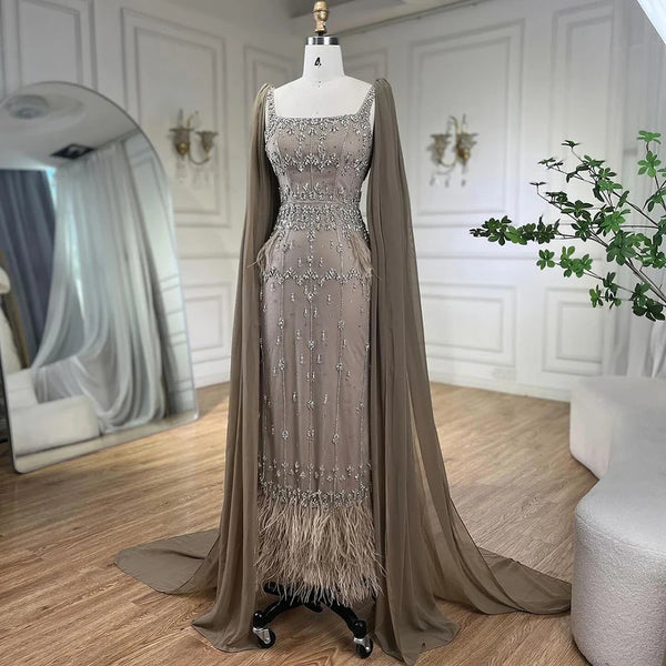Luxury Caramel Beaded Mermaid Evening Dress with Feathers LA71492B