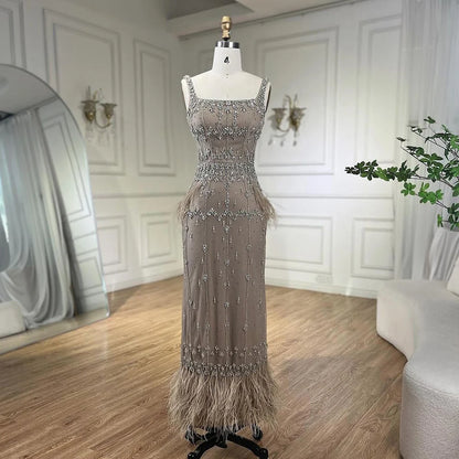 Luxury Caramel Beaded Mermaid Evening Dress with Feathers LA71492B - SERENE HILL