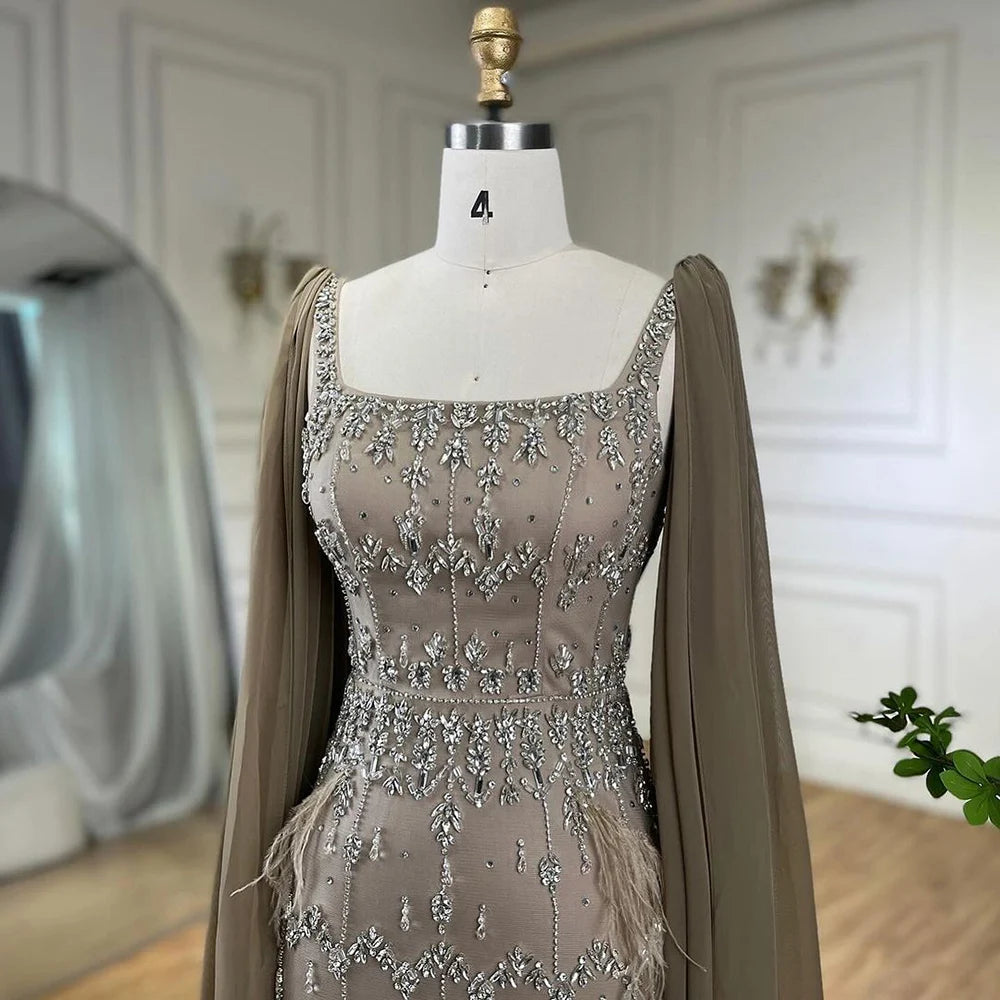 Luxury Caramel Beaded Mermaid Evening Dress with Feathers LA71492B - SERENE HILL