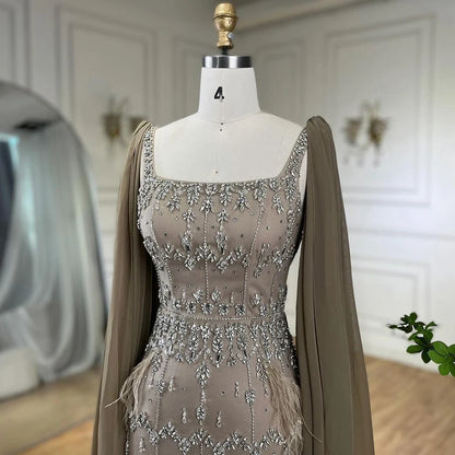 Luxury Caramel Beaded Mermaid Evening Dress with Feathers LA71492B - SERENE HILL