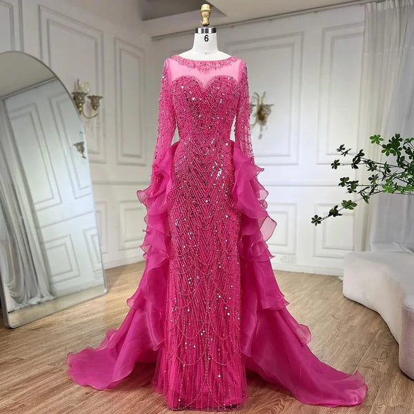Serene Hill fuchsia Mermaid Over Skirt Beaded Luxury Dubai Long Evening Dresses Gowns For Women Wedding Party 2025 LA72379