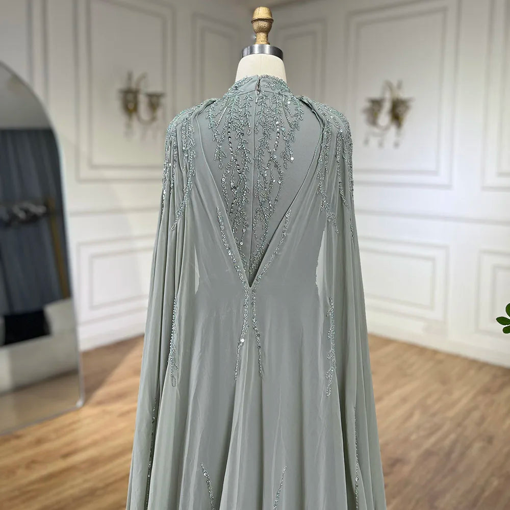 Modest Muslim Sage Green Evening Dress with Cape Long Sleeves LA72413A - SERENE HILL
