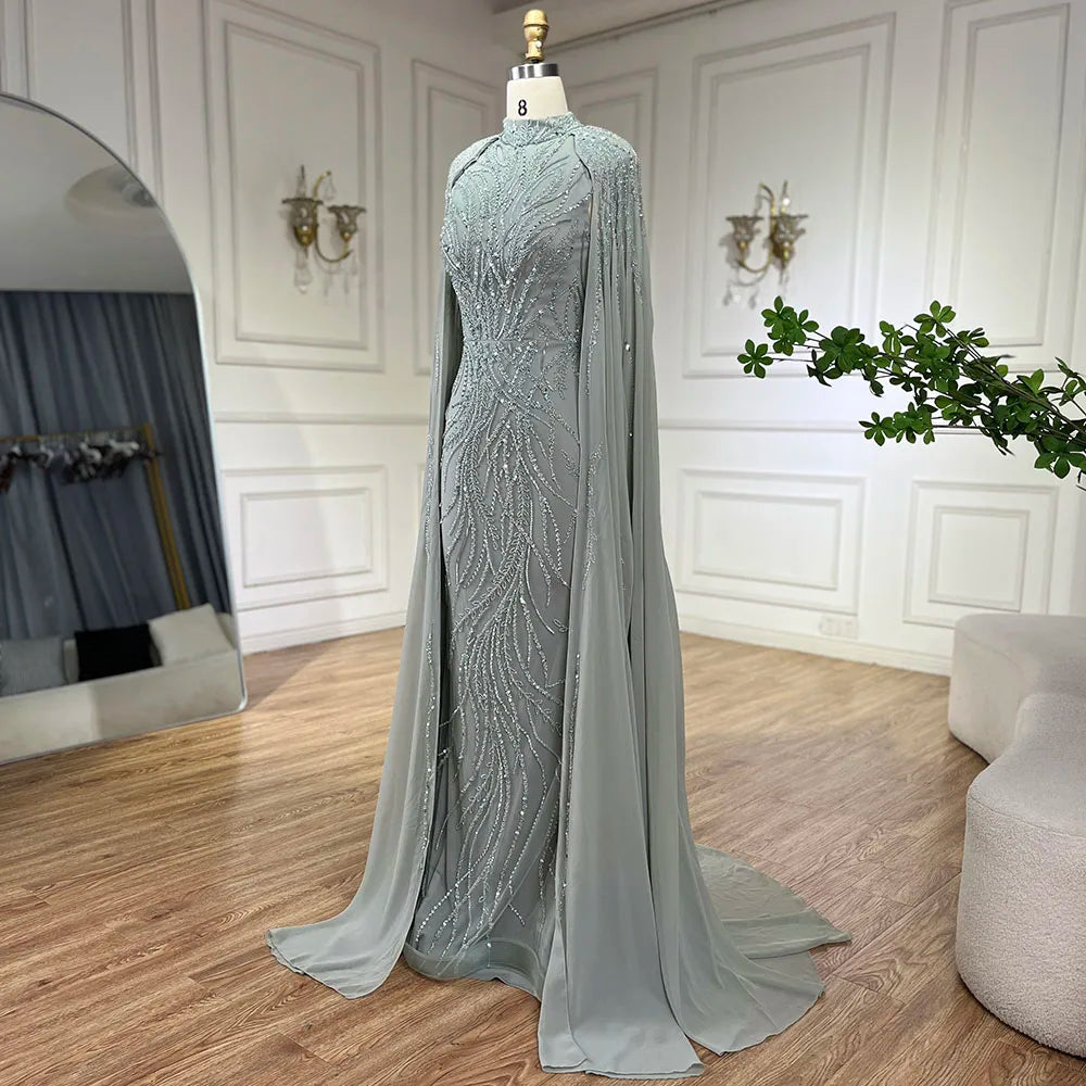 Modest Muslim Sage Green Evening Dress with Cape Long Sleeves LA72413A Sage Green / 16 Modest Muslim Sage Green Evening Dress with Cape Long Sleeves LA72413A Sage Green / 16