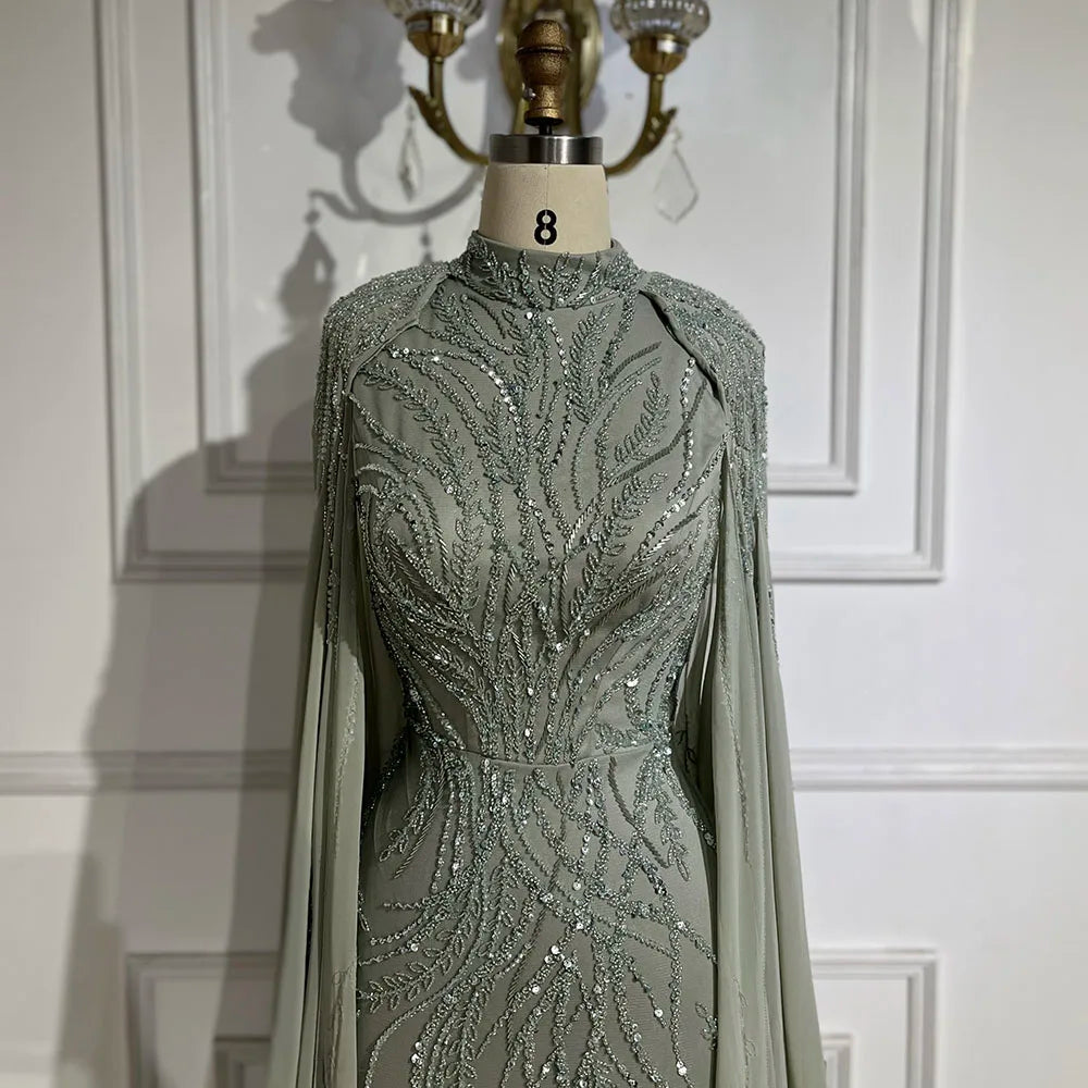Modest Muslim Sage Green Evening Dress with Cape Long Sleeves LA72413A - SERENE HILL
