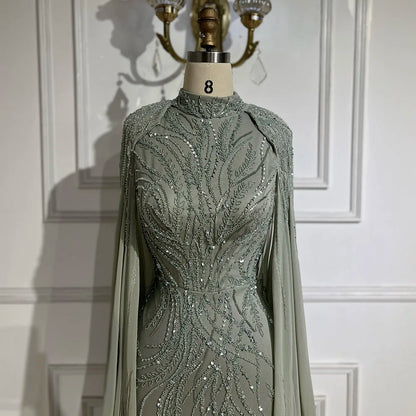 Modest Muslim Sage Green Evening Dress with Cape Long Sleeves LA72413A - SERENE HILL