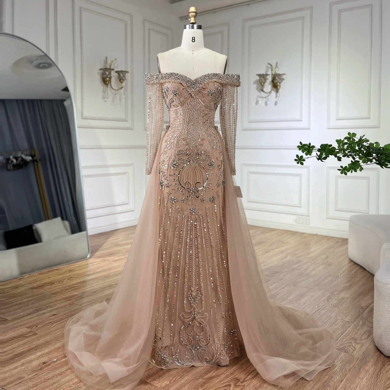 Nude Elegant Beaded Mermaid Evening Dress with Overskirt LA72397 - SERENE HILL