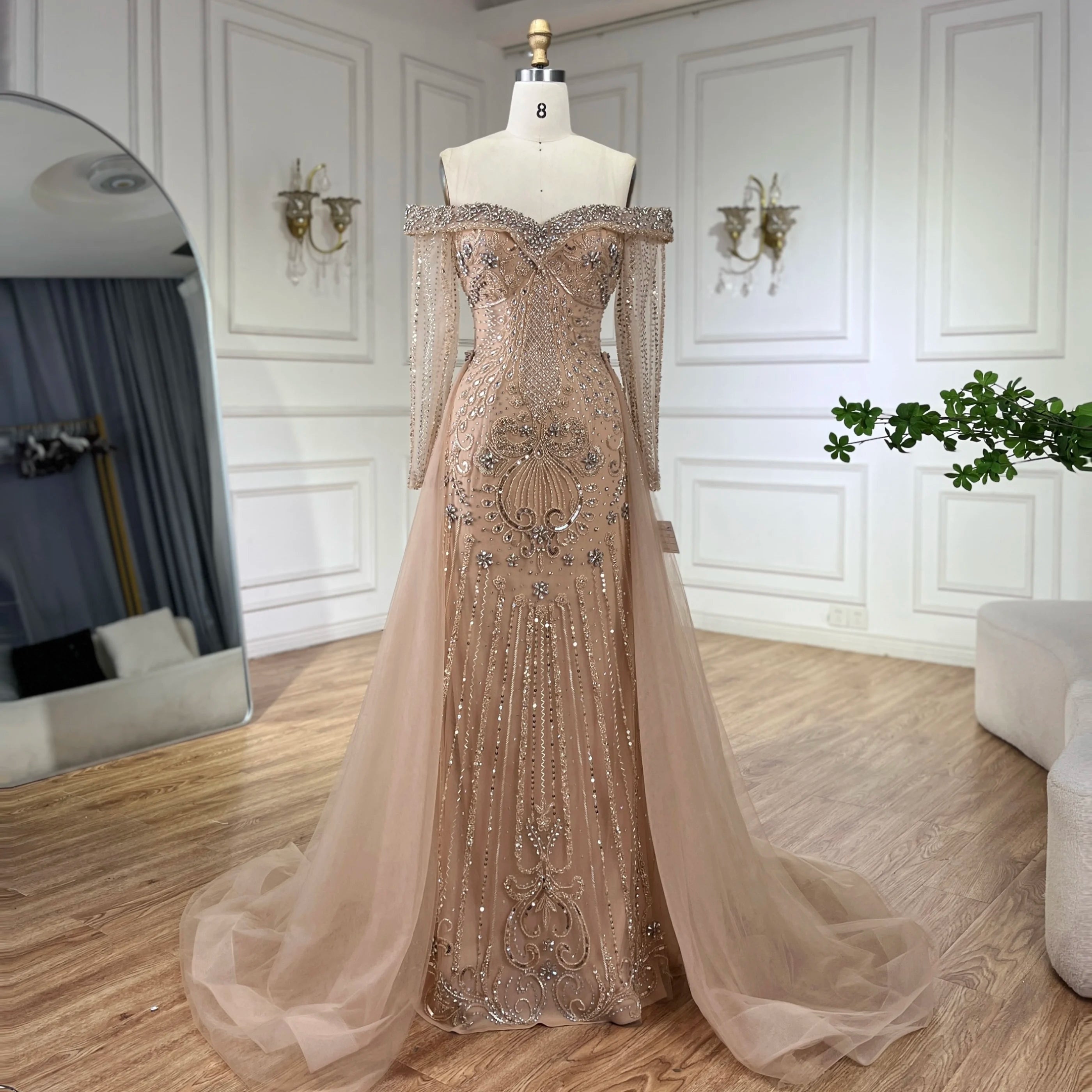 Nude Elegant Beaded Mermaid Evening Dress with Overskirt LA72397 - SERENE HILL