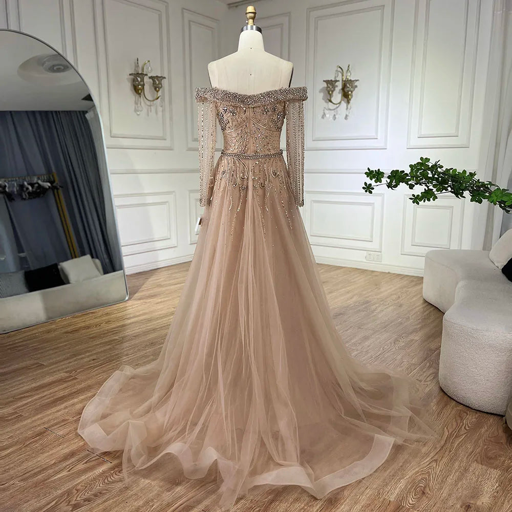 Nude Elegant Beaded Mermaid Evening Dress with Overskirt LA72397 - SERENE HILL