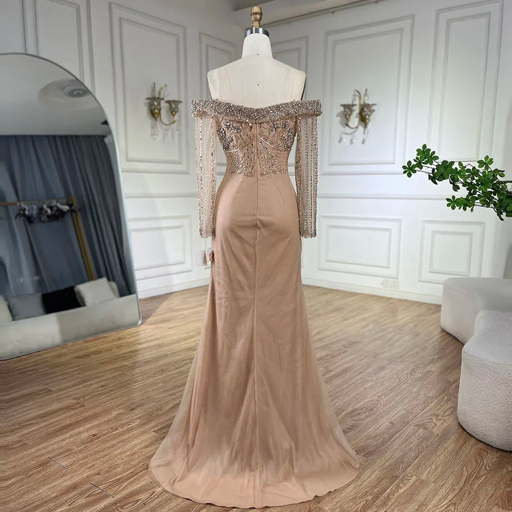 Nude Elegant Beaded Mermaid Evening Dress with Overskirt LA72397 - SERENE HILL
